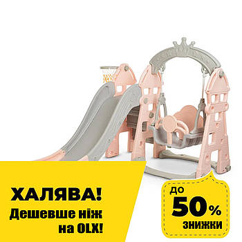 Гірка з гойдалкою Bambi HOUSE-8 та баскетбольним кільцем | Гірка з качалкою Дім Сіро-рожева