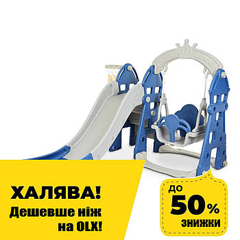 Гірка з гойдалкою Bambi HOUSE-4 та баскетбольним кільцем | Гірка з качалкою Дім Сіро-синя