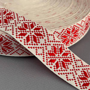 2,5 см Тесьма национальная с орнаментом - белая с красным