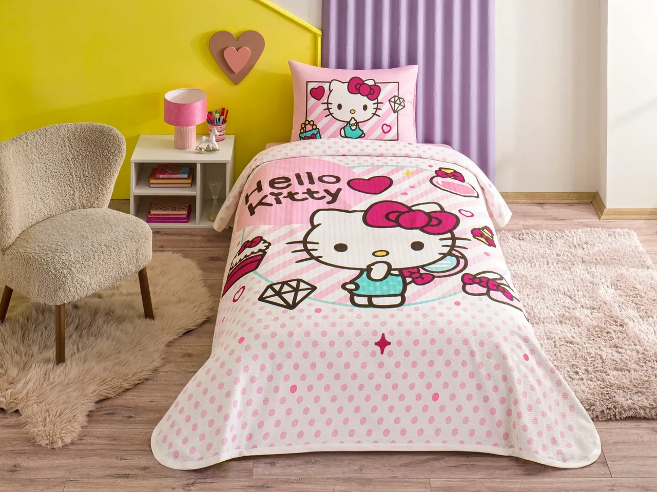 Літній односпальний комплект з покривалом-піке TAC Hello Kitty Cake / простирадло на резинці, фото 1