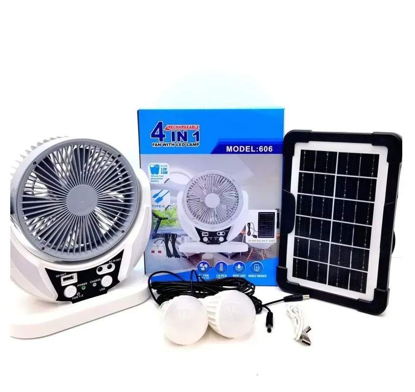 Вентилятор на сонячній батареї 606 6" 2 LED лампи 6Вт USB 3.2V 4000 мАг (2 швидкості), фото 1