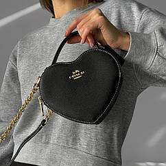 Жіноча сумка Coach з ручкою шкіряна на ланцюжку через плече Сумочка Коуч серце чорна на подарунок дівчині