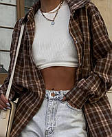 Жіноча сорочка в клітку, вільного крою, 42/48, шоколад, рожевий, фланель