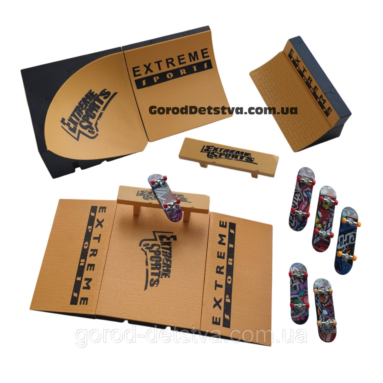 Великий набір фінгерборд Skatepark fingerboard скейт парк пальчиковий скейт-фінгерборд 6 скейтів у комплекті, фото 1