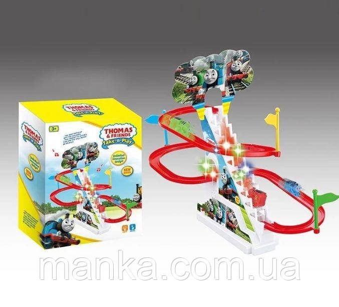 Спуск гірка з потягами 2021-6 музика, підсвічування, 3 машинки, фото 1