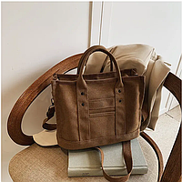 Сумка жіноча полотняна міні 20×28 см, з ремінцем і кишенькою гірчична