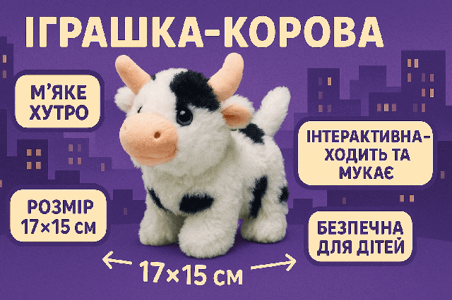 Мягкая интерактивная коровка для детей 17×15 см - ходит и мычит, арт. C23907/2