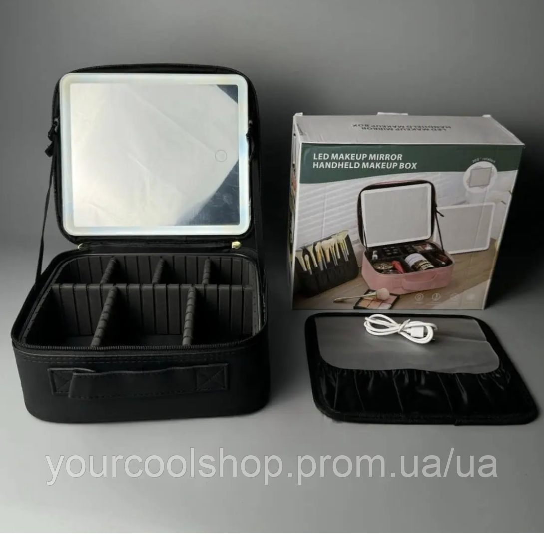Сумка для макіяжу чорна з підсвіткою і дзеркалом, дорожній органайзер косметичка для косметики та прикрас - фото 1 - id-p2573978461