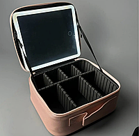 Якісна рожева косметичка-органайзер з led дзеркалом і лампою, шкіряний кейс 26х23х11см