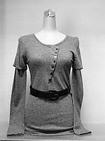 Джемпер удлиненный женский с поясом серый приталенный шерстяной