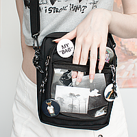 Чорна стильна сумка через плече унісекс крос-боді з 4 значками месенджер з прозорою кишенею містка базова сумка багато відділень