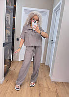 Літній жіночий брючний костюм із льону жатка