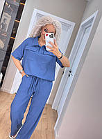 Літній жіночий брючний костюм із льону жатка