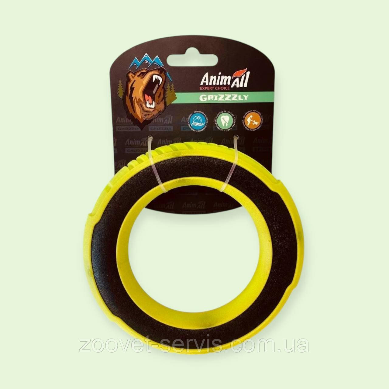 Іграшка-суперкільце для собак не тоне у воді AnimAll GrizZzly S 15х2,2 см, зелено-чорна