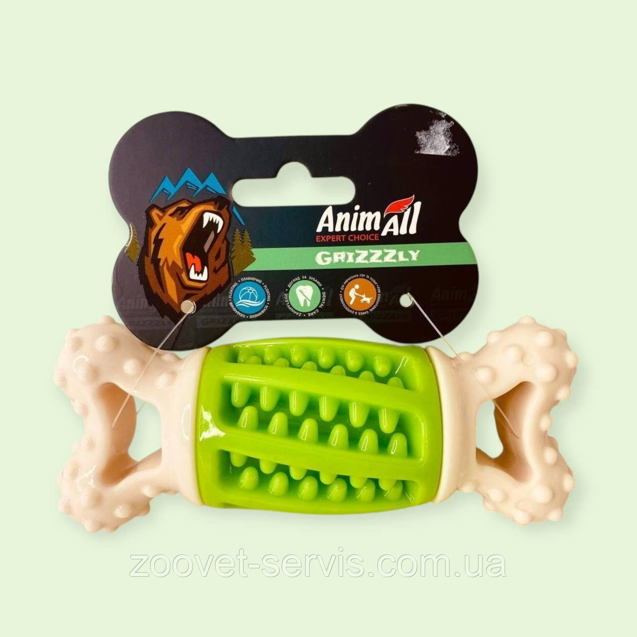 Іграшка для собак і цуценят AnimAll GrizZzly кісточка-зубочистка 14.2х5.7х4.7 см Green/white 9918