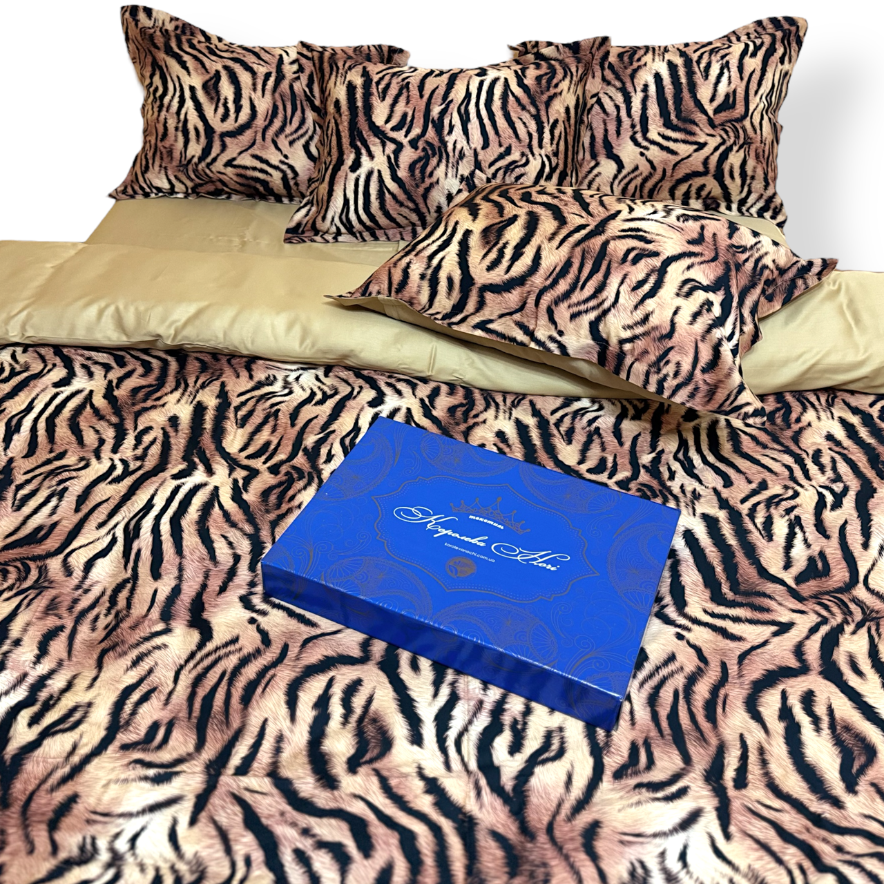 Підковдра на блискавці 145х215 Королева Ночі (Сатин Premium) | Полуторна | Тигровий принт на гірчичному, фото 1