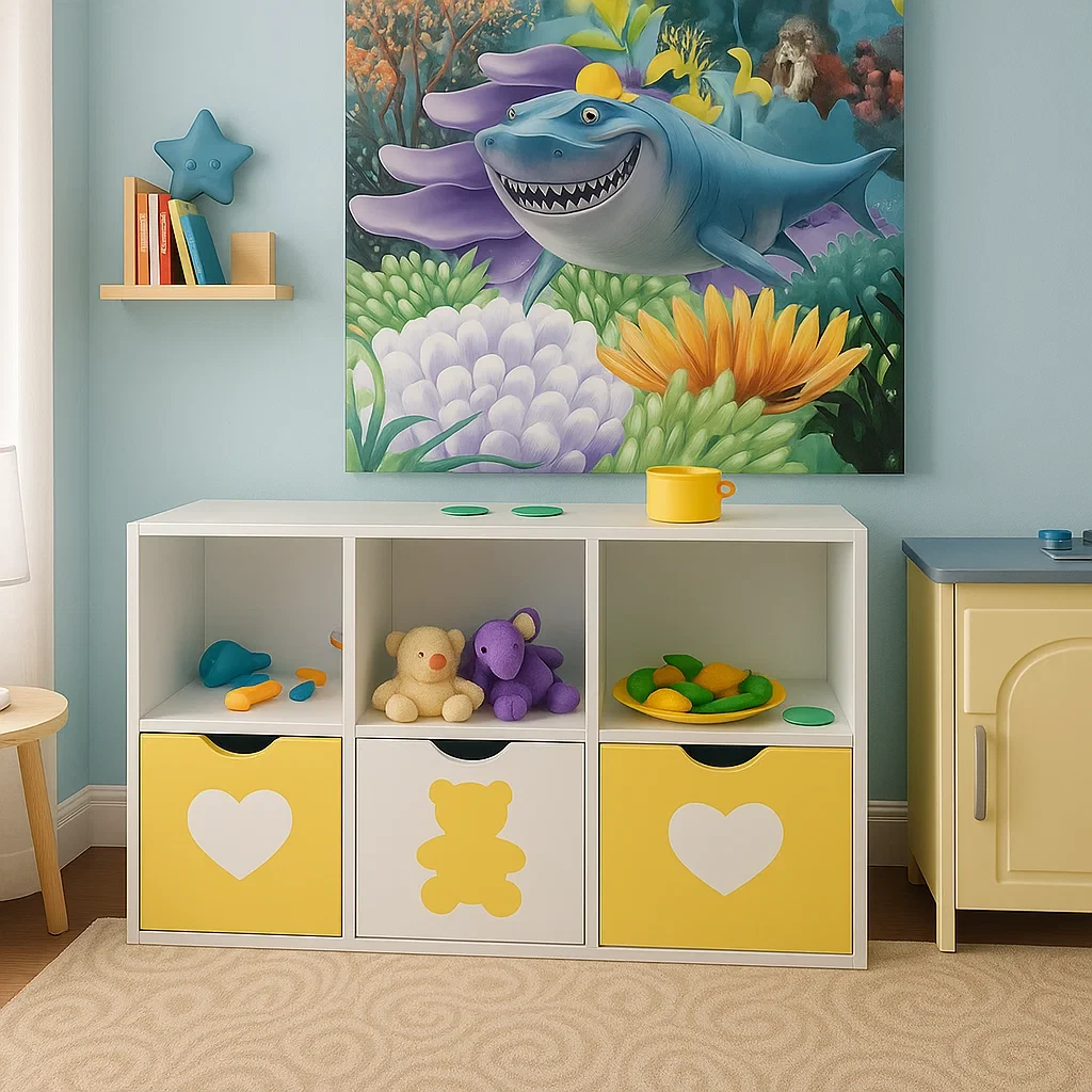 Стелажі для дитячих іграшок та книг на 6 клітинок (білий із жовтим), фото 1