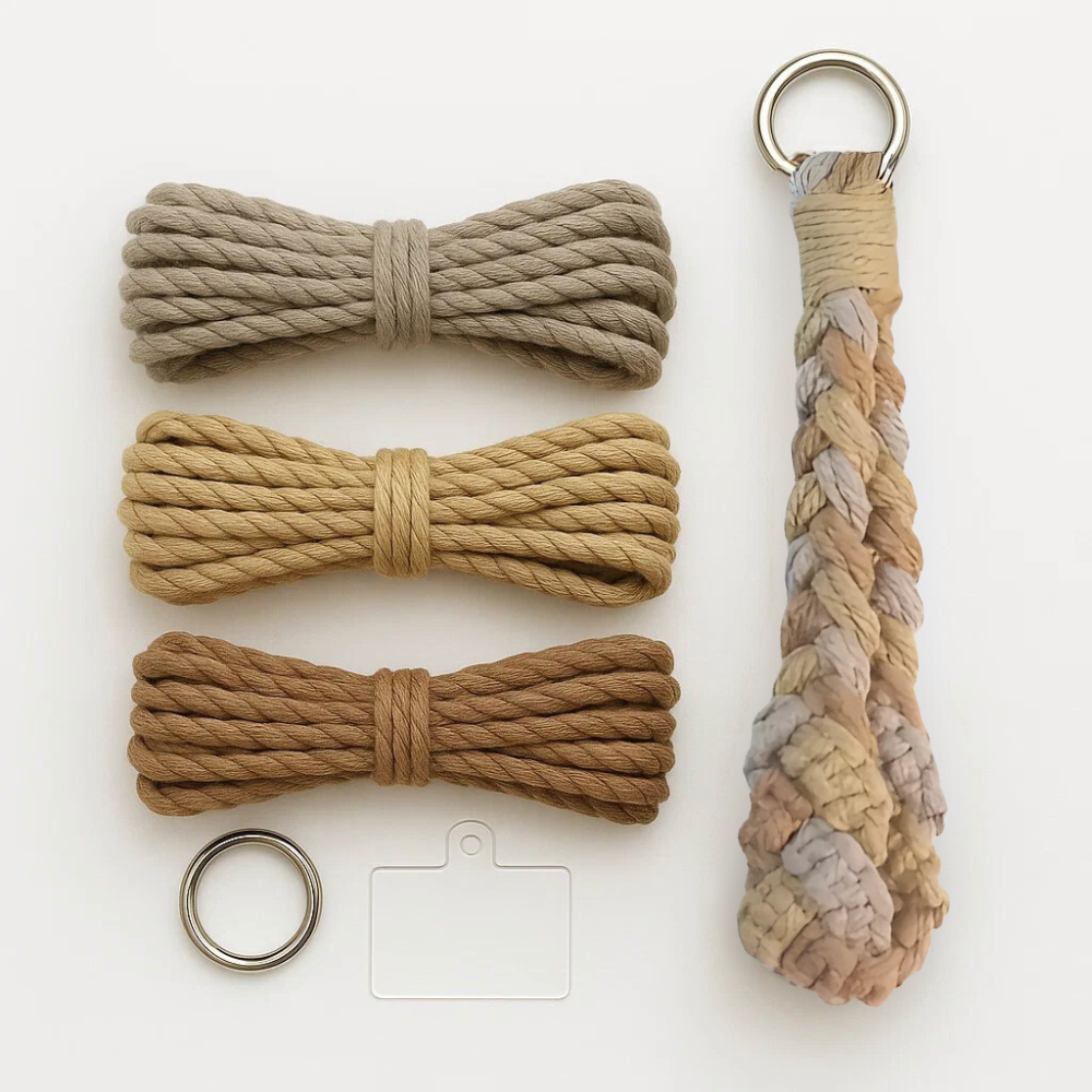 Набір макраме для рукоділля і плетіння брелока для ключів і аксесуарів 17. 3х3.5см сірий, бежевий, коричневий, фото 1