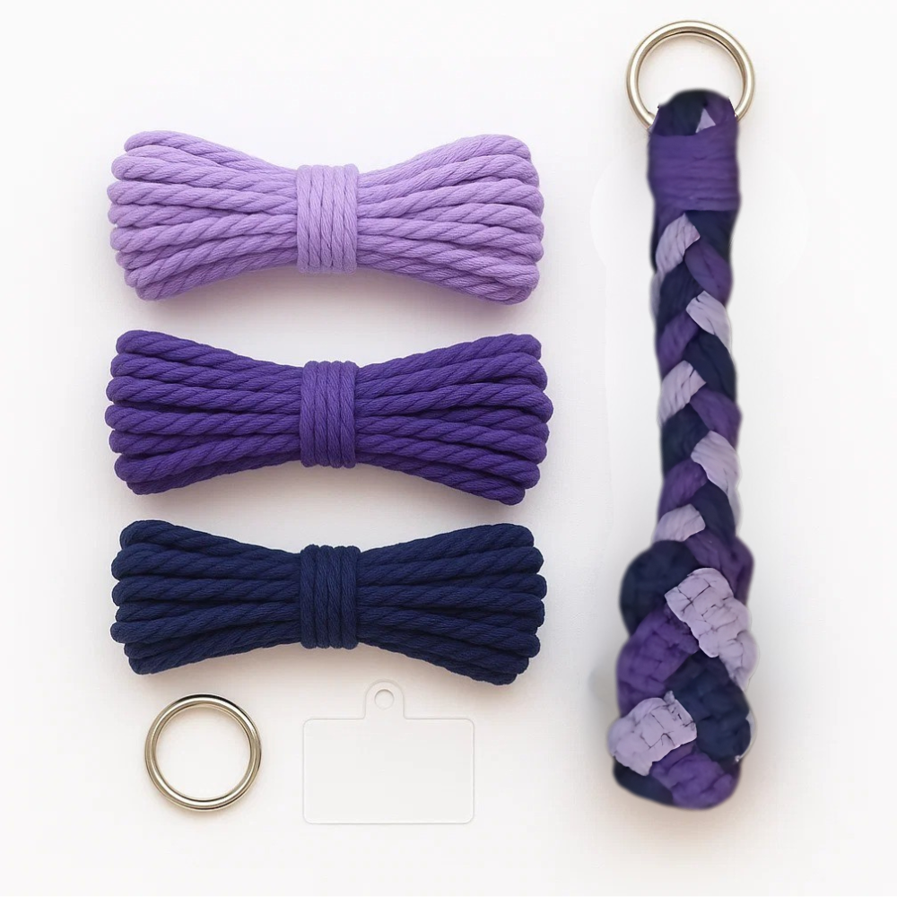 Набір макраме для рукоділля та плетіння брелока для ключів і аксесуарів 17.3х3.5см триколірний фіолетовий, фото 1