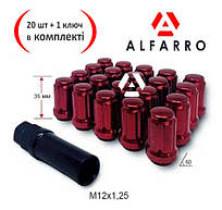 Гайки колісні M12x1,25x35; червоний хром, Конус, ключ 6 граней (зовнішній) (закриті), Alfarro gk316 — комплект