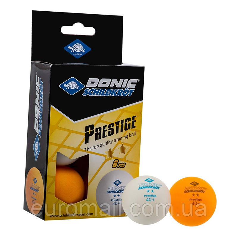 М'ячі для настільного тенісу Donic Prestige 2 зірки 40+ 6 шт. White+orange 608523, Жовтогарячий, Розмір (EU) —