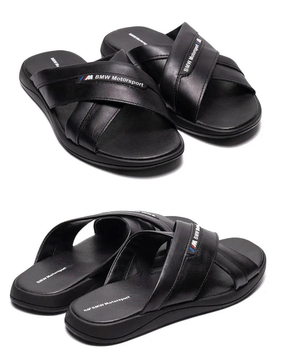 Чоловічі шкіряні літні шльопанці-сланці BMW MotorSportr, літні чоловічі чорні шльопанці, Чоловіче взуття, фото 1