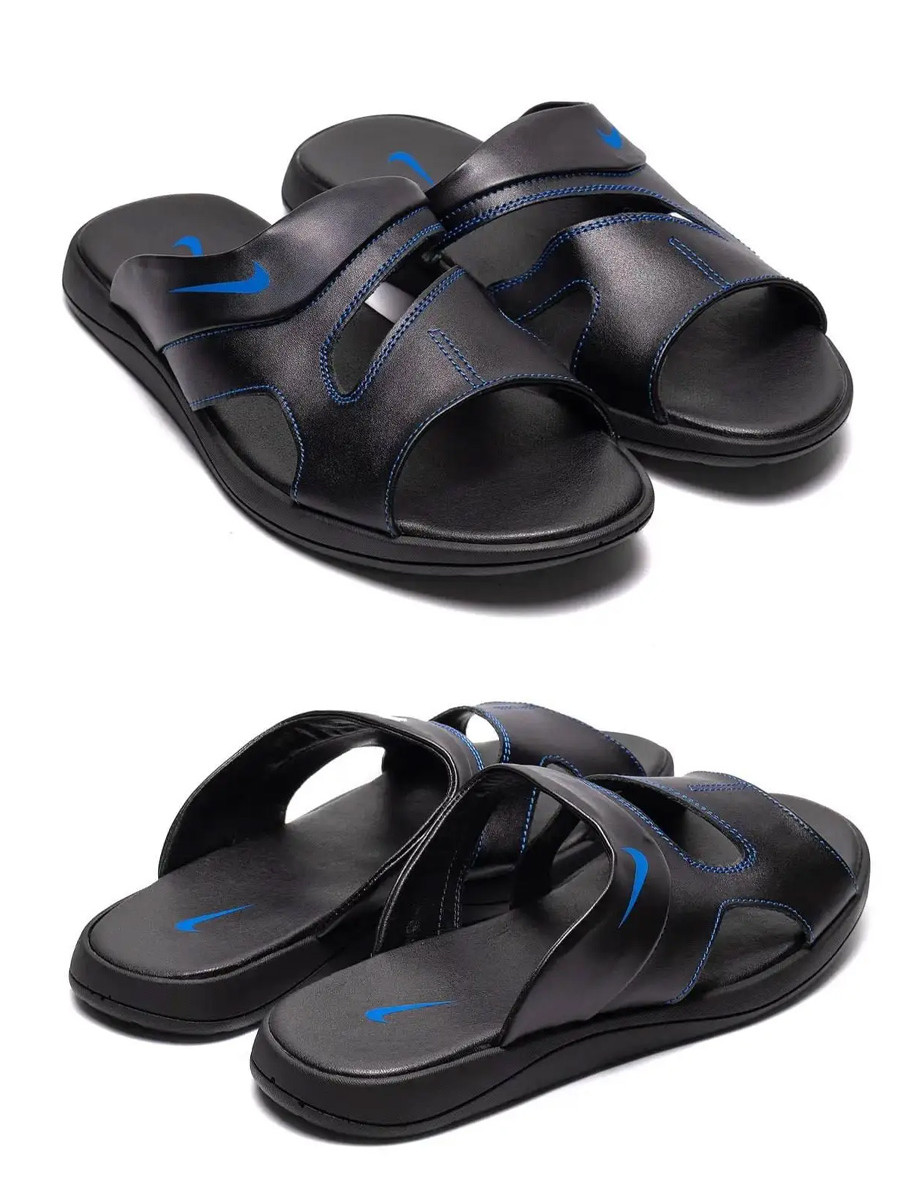 Чоловічі шкіряні літні шльопанці-сланці Nike Classic, Літні чоловічі чорні шльопанці Найк. Чоловіче взуття, фото 1