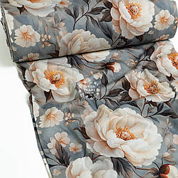 Сатин digital шириною 240 см "Великі півонії та маленькі квіточки на сірому тлі" (№5611)