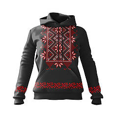 Худі жіноче з принтом «Квіткова вишиванка. Чорна. Floral embroidery. Black» червоний
