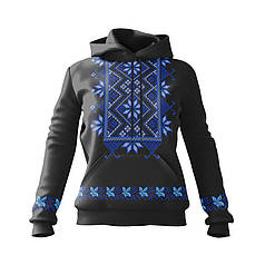 Худі жіноче з принтом «Квіткова вишиванка. Чорна. Floral embroidery. Black» блакитний