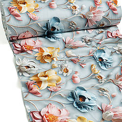 Сатин digital шириною 240 см "Жовті, рожеві, блакитні та сірі квіти" (№5614)