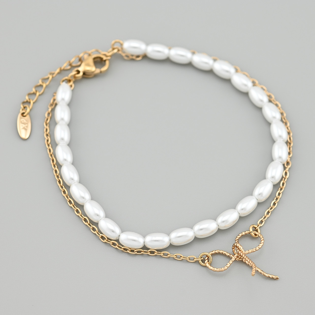 Браслет Бантик 53661 ширина 4 мм штучні перли позолота 18К довжина 17+3, фото 1