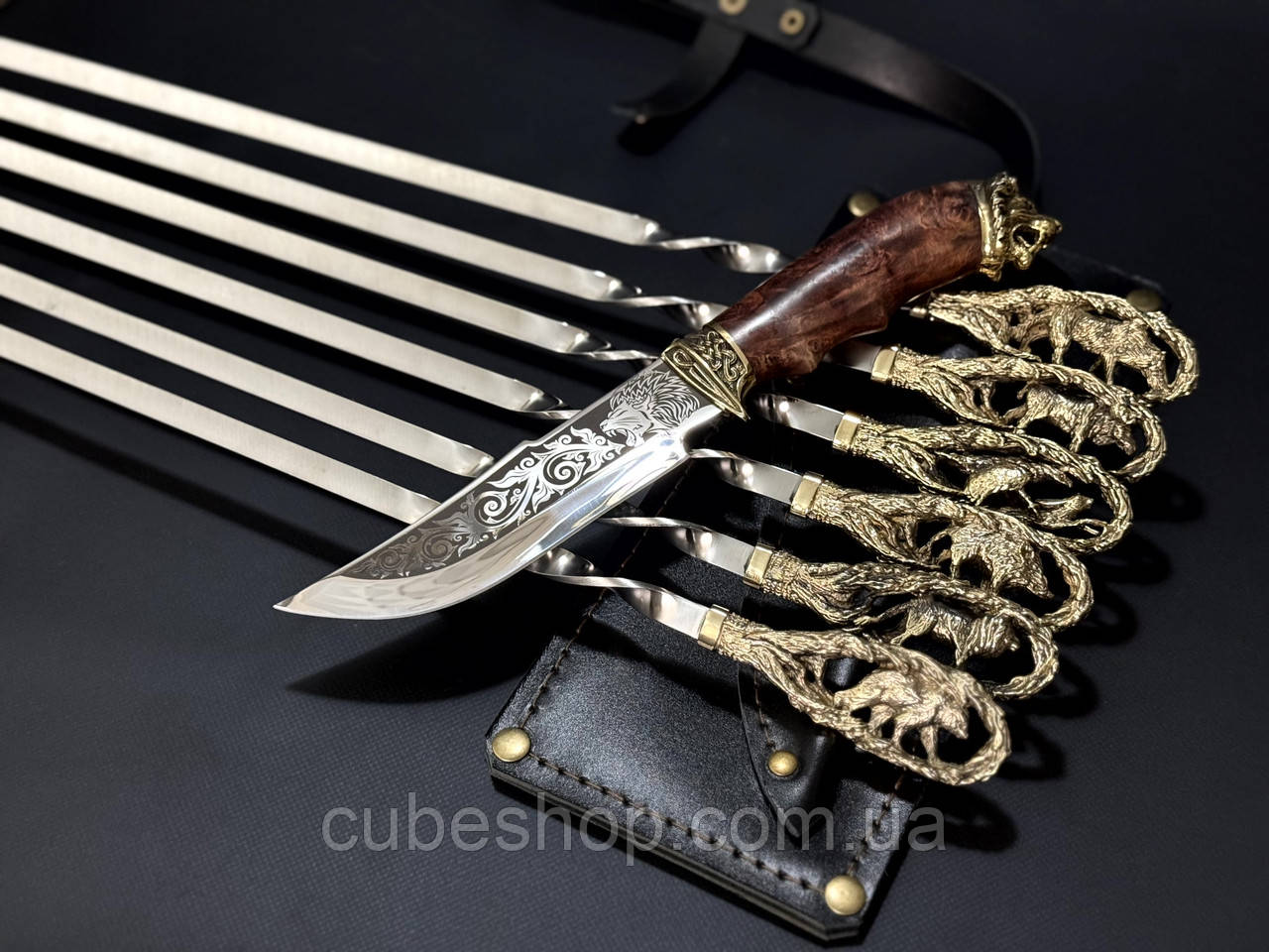 Набір шампурів "На полюванні" з ножем (у шкіряному сагайдаку)