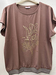 Жіноча футболка повномірна капучинового кольору з принтом розміри М (50/52), L (52/54)
