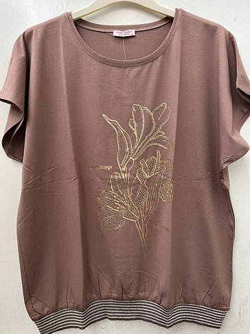Жіноча футболка повномірна капучинового кольору з принтом розміри М (50/52), L (52/54), фото 1