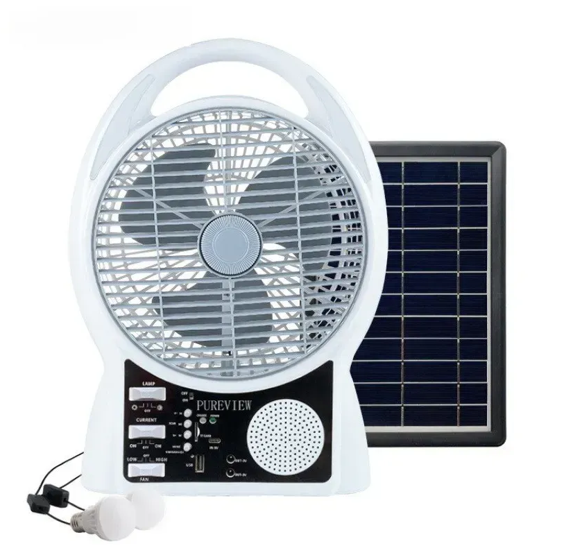 Вентилятор із сонячною панеллю N288 8" та 2 LED лампи + радіо (2 швидкості) 6Вт Bluetooth USB 3.2V 5500 мАг, фото 1