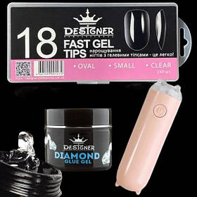 Набір для нарощування на гелеві типси Дизайнер (Овал розмір - S 18) з клей гелем 10 мл та УФ ліхтариком 3Вт