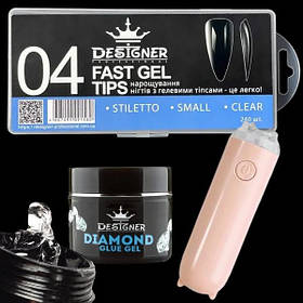 Набір для нарощування на гелеві типси Дизайнер (Стилет, розмір - S, 04) з клей гелем 10 мл та УФ ліхтариком 3Вт