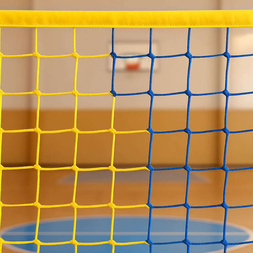 Сітка для волейболу без-вузлова «Еліт 15» з шнуром, сітка волейбольна, синьо-жовта, фото 1