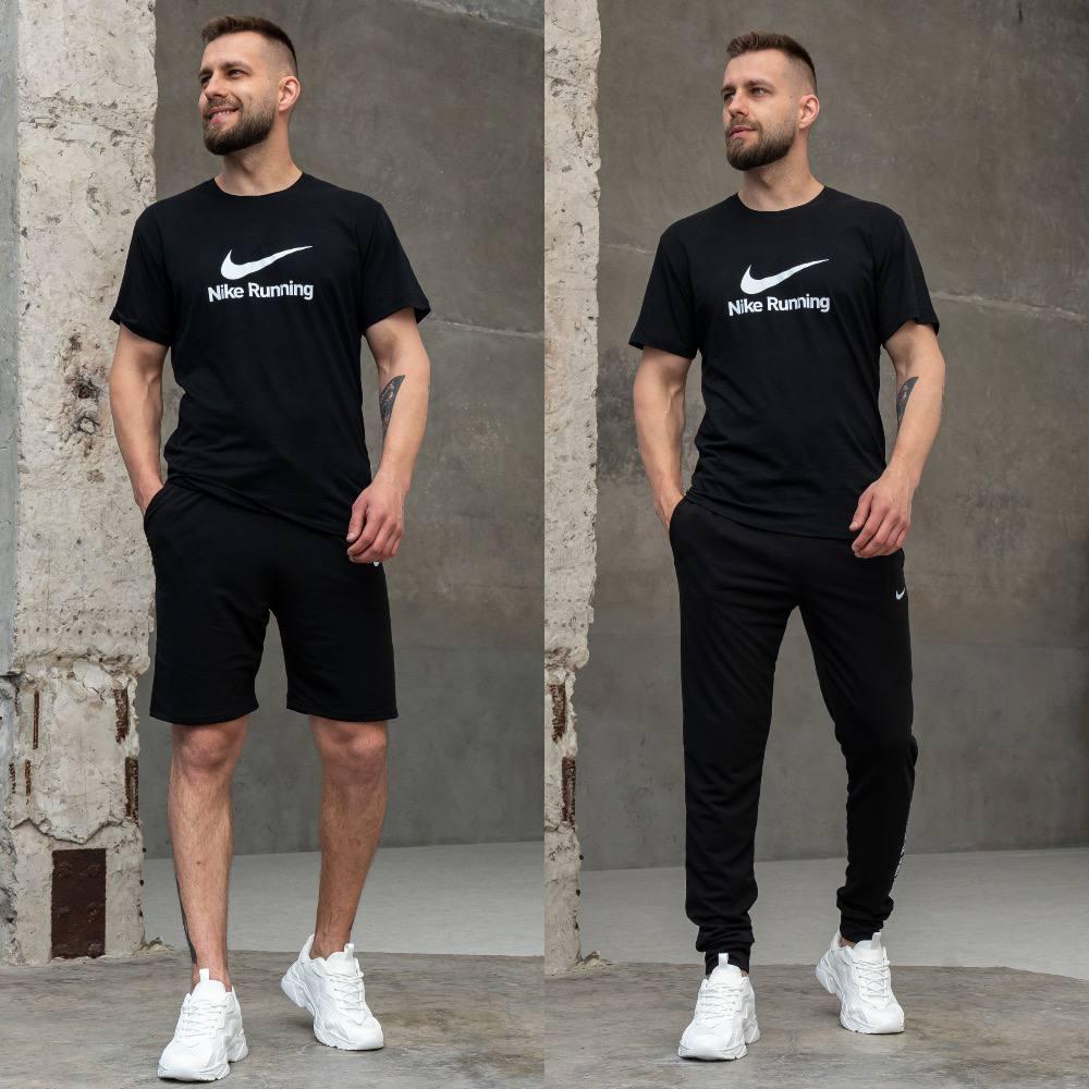Чоловічий літній костюм Nike 3в1 Футболка + Штани + Шорти чорний комплект Найк