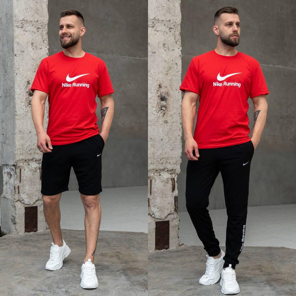 Чоловічий літній костюм Nike 3в1 Футболка + Штани + Шорти червоний з чорним комплект Найк