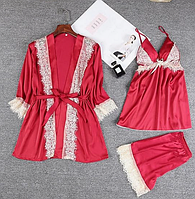 Жіночий піжамний комплект для сну, халат з сорочкою і шортиками червоного кольору