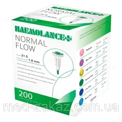 Ланцет Haemolance Plus NORMAL FLOW, з круглою кнопкою, 21G, №200, 8962