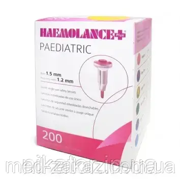 Ланцет Haemolance Plus Paediatric, з круглою кнопкою,  лезо 1,5 мм, №200, 8965