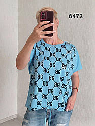 Футболка жіноча батал блакитна з принтом і шнурочком по низу розміри М (50/52), L (52/54)
