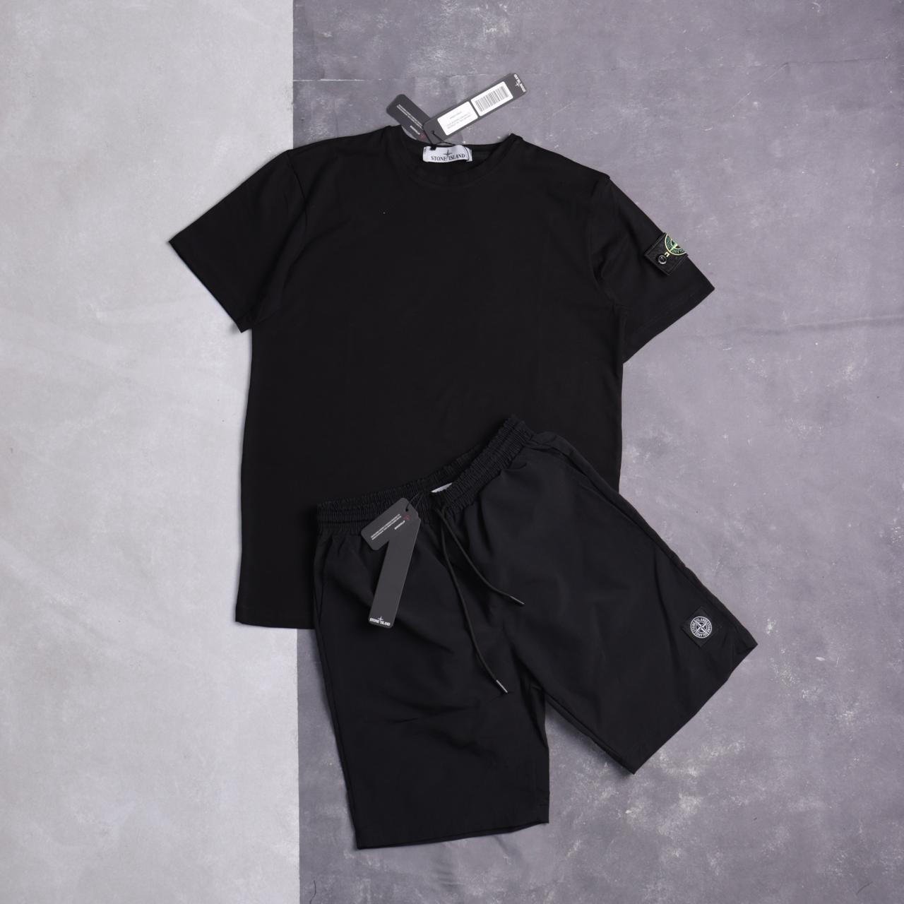 Чоловічий літній костюм Stone Island Футболка + Шорти чорний із патчем Стон Айленд