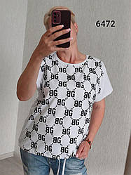Футболка жіноча батал біла з принтом і шнурочком по низу розміри М (50/52), L (52/54)