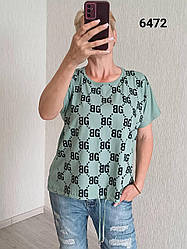 Футболка жіноча оливкова батал з принтом і шнурочком по низу розміри М (50/52), L (52/54)