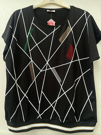 Жіноча футболка чорного кольору повномірна з принтом розміри L (50-52), XL (54-56), фото 1