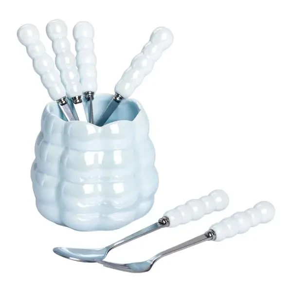 Набір десертних виделок і ложок з підставкою з кераміки 7 предметів на 3 персони Блакитний Lugi, фото 1